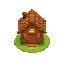 cozy wooden cabin, small house with wood walls, thatched roof, chimney, centered door, glowing window, grass patch around, 16-bit retro style, clean pixels, bright cozy vibe