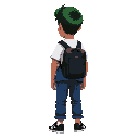 young atletico boy hair morrom bone green facing back brown skin color light white t-shirt with a blue wool coat on the back a black backpack board jean pants and black sneakers with white stripes 