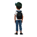 young atletico boy hair morrom bone green facing back brown skin color light white t-shirt with a blue wool coat on the back a black backpack board jean pants and black sneakers with white stripes 
