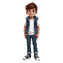   young atletico boy hair  brown skin color light white t-shirt with a blue wool coat on the back a black backpack board jean pants and black sneakers with white stripes 