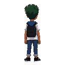 young atletico boy hair morrom bone green facing back brown skin color light white t-shirt with a blue wool coat on the back a black backpack board jean pants and black sneakers profile position