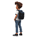   young atletico boy hair  brown skin color light white t-shirt with a blue wool coat on the back a black backpack board jean pants and black sneakers with white stripes profile view