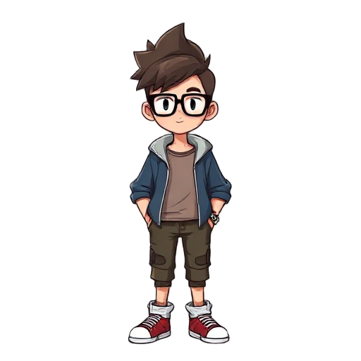 male with glasses, funky hair, dressed in casual clothes