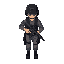 soldier with black helmet, gray shirt, gray pants, black boots, holding rifle