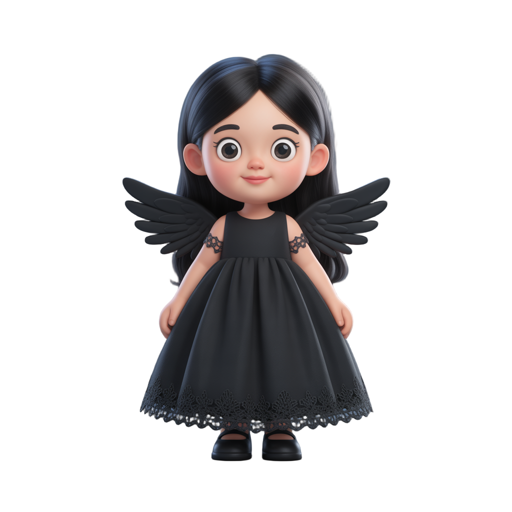 menina fofa cabelo preto e longo vestido preto e asas de anjo acessórios pretos
