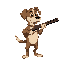 a dog standing on 2 legs with a shotgun in his hands as if going to shoot someone to right right of him.