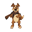 a dog that stands on 2 legs with a shot gun in his hand