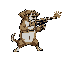 a dog standing on 2 legs with a shotgun in his hands as if going to shoot someone to right right of him.