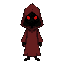 dark fantasy, a minimalist reaper character. the design features a simple hooded red robe, a dark void for a face with two bright red eyes. standing still, front view. game asset