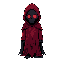dark fantasy, a minimalist reaper character. the design features a simple hooded red robe, a dark void for a face with two bright red eyes. standing still, front view. game asset
