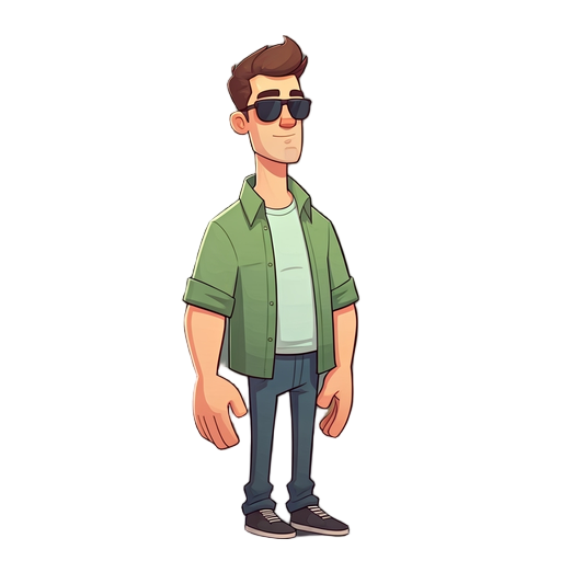 wide cartoon man, cartoonish, full body, green shirt, sunglasses