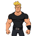 cartoonish johnny bravo muscular man wide shoulders black shirt, big blonde hair