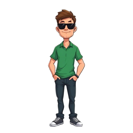 wide cartoon man, cartoonish, full body, green shirt, sunglasses