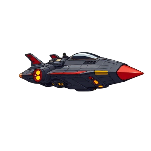 design a side-view carbon steel spaceship for a horizontal shmup, nose pointing right, with sleek red and yellow accents, detailed cockpit, and glowing thrusters.