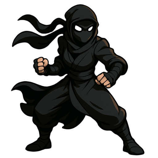female ninja fighter in combat-ready pose for a 2d fighting game, full body, wrapped in flowing black robes, glowing white eyes, masked face, cinematic shadows and highlights, dynamic and intimidating design, dramatic lighting, character concept art for f