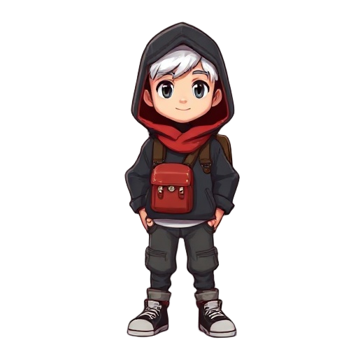 um personagem jovem de cabelos brancos e casaco preto com capuz e uma mochila e bota marrom 