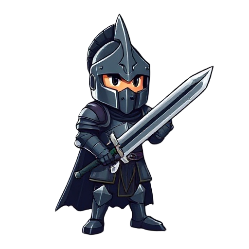 a knight in dark steel armor with great helm holding a two handed sword