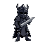 a pixel knight in dark steel armor with great helm holding a two handed sword