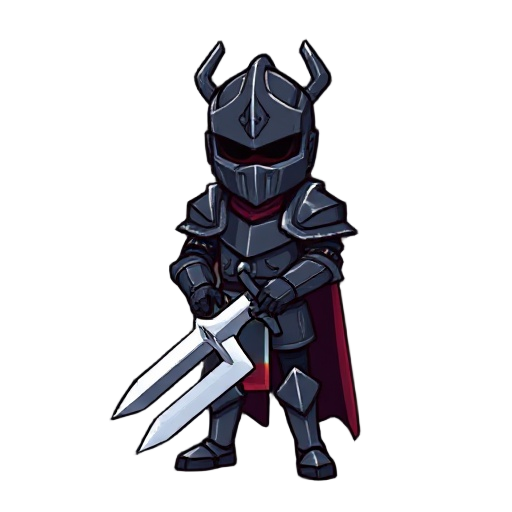 a pixel knight in dark steel armor with great helm holding a two handed sword