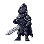 a pixel knight in dark steel armor with great helm holding a two handed sword, proper body proportion
