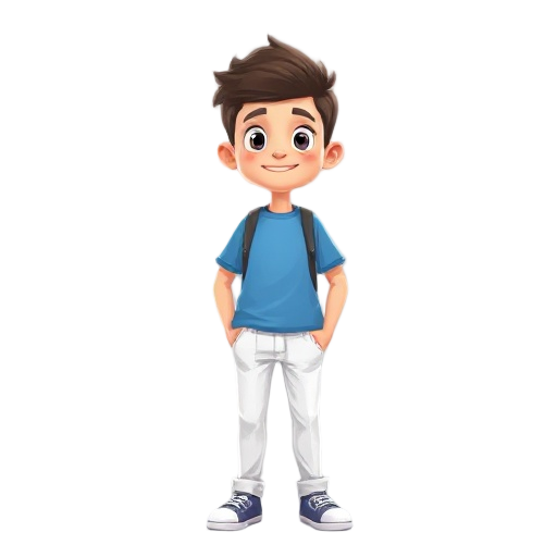a college going boy game character wearing white trouser annd blue t shirt