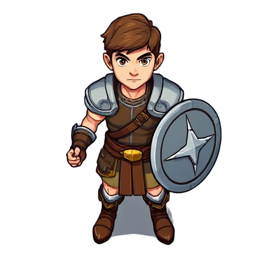 a human warrior for a 2d top-down game, seen from above, wearing light leather and metal plate armor with medium pauldrons, holding a short sword in the right hand and a round shield in the left. heroic appearance, short brown hair, determined expression.