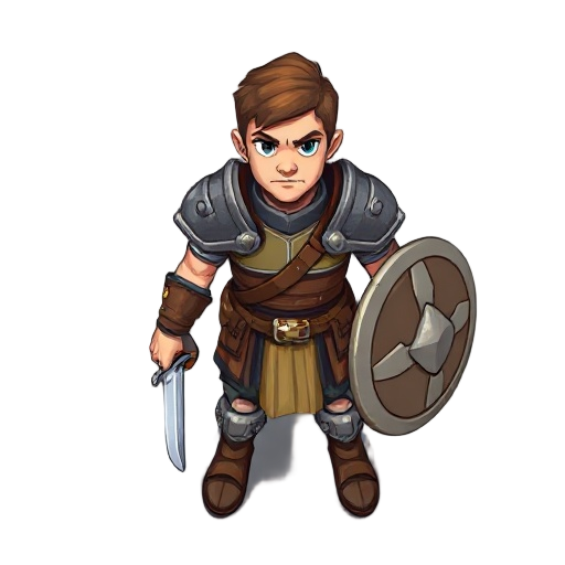 a human warrior for a 2d top-down game, seen from above, wearing light leather and metal plate armor with medium pauldrons, holding a short sword in the right hand and a round shield in the left. heroic appearance, short brown hair, determined expression.