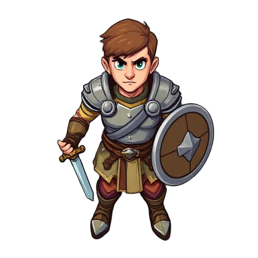 a human warrior for a 2d top-down game, seen from above, wearing light leather and metal plate armor with medium pauldrons, holding a short sword in the right hand and a round shield in the left. heroic appearance, short brown hair, determined expression.