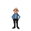 a bald professor wearing a blue shirt, black pants, and black shoes