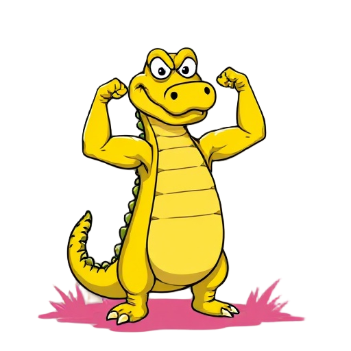 a simple children's drawing that looks like it was done in microsoft paint of a grumpy yellow alligator standing up on his back legs flexing his bicep muscles , the grass is pink, with a lake behind h