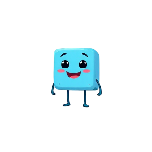 a cartoon blue cube with a happy face, in 2d style, white background