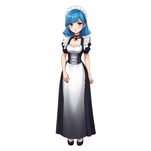 of a full body of a beautiful curvy shoudlerlength blue-haired woman in a black maid dress