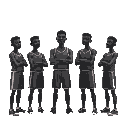 five basket players. standing-up position for all and one close to the other. black skin color. no hairs. sort by shortest to tallest