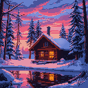 winter log cabin in the woods by the lake at a colorful sunset.