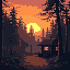 lonely cabin in the woods sunset.