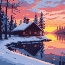 winter log cabin in the woods by the lake at a colorful sunset. water should not be still, reflecting like a mirror. instead, reflection should be blurry because water is shimmering.
