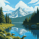 landscape scene like bob ross's "the grandeur of summer" with the trees, lake, mountain, sky, etc.