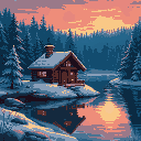 small winter log cabin in the woods by the lake during a colorful sunset with a shimmering, blurry reflection in the water, surrounded by dense woods