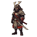 full armored samurai with soul effects in his body with a katana on his sheath, sideways, idle 