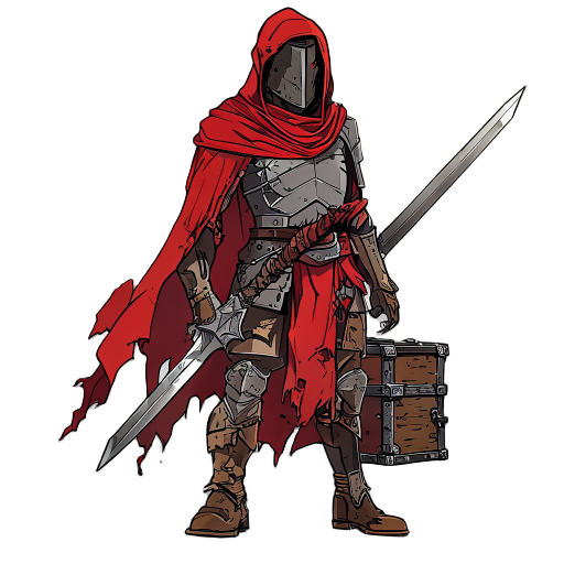 generate fallen ero warrior with old rusty sword holding in right hand, red torn cape some old iron chestplate and leather boots