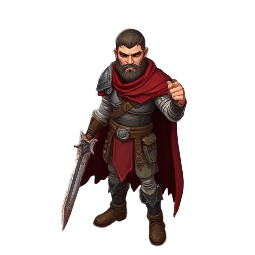 generate fallen ero warrior with old rusty sword holding in right hand, red torn cape some old iron chestplate and leather boots