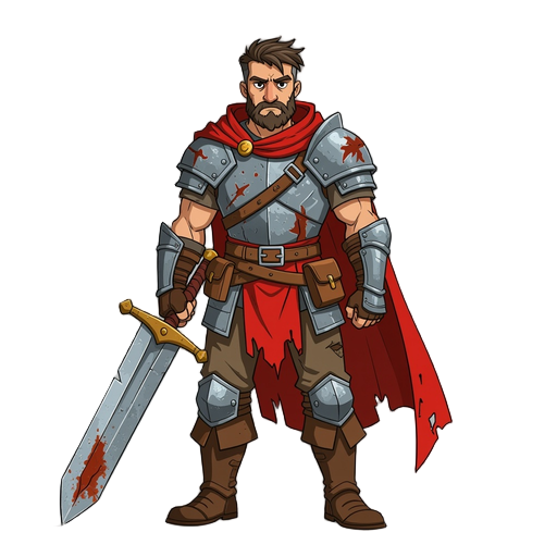 fallen hero with old rusty iron sword in tight hand, torn red cape, old iron chestplate, and leather boots with pants, medieval style