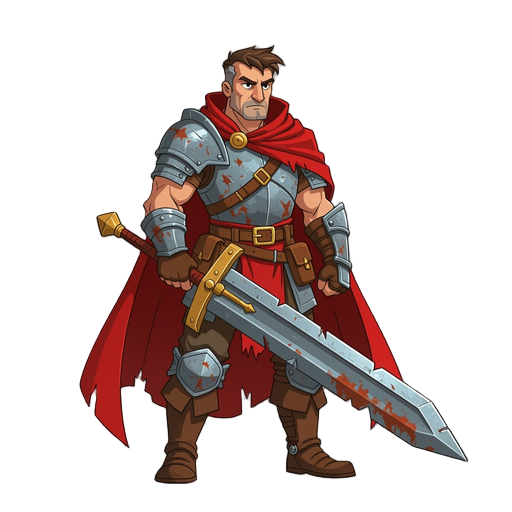 fallen hero with old rusty iron sword in tight hand, torn red cape, old iron chestplate, and leather boots with pants, medieval style