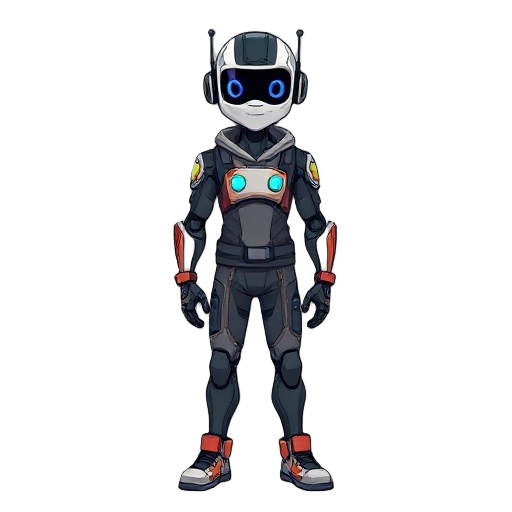 male with a robot head wearing tech wear clothing 