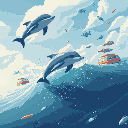 dolphins jump out of the water. someone is flying away and fishes. against the background of the sky, a bunch of spaceships and vans from a hitchhiking trip through the galaxy 