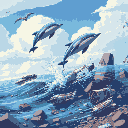 dolphins jump out of the water. someone is flying away. against the background of the sky, a bunch of spaceships and vans from a hitchhiking trip through the galaxy are located in the form of debris,