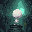 marvin stands on a narrow bridge within the underground complex of magrathea. his smooth white body, disproportionately large spherical head, and small limbs make him stand out against the dark metall