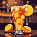 with bubbles,with a brick inside,the cocktail is a bright, shining drink in a heavy glass with golden elements and lemon decorations,reflecting its powerful, stunning effect.knocks out the brain. bar