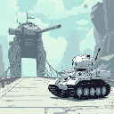 white robot marvin faces massive tank on a magrathean bridge. tank scans him, demands he moves, and guesses his weapons. calmly, marvin denies having any.frustrated,tank malfunctions,destroys itself
