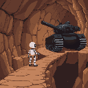 marvin, the white robot, stands on a narrow bridge inside magrathea’s underground complex. a large black tank approaches, scanning him and demanding he move. calmly, marvin says he’ll stop it. the tan